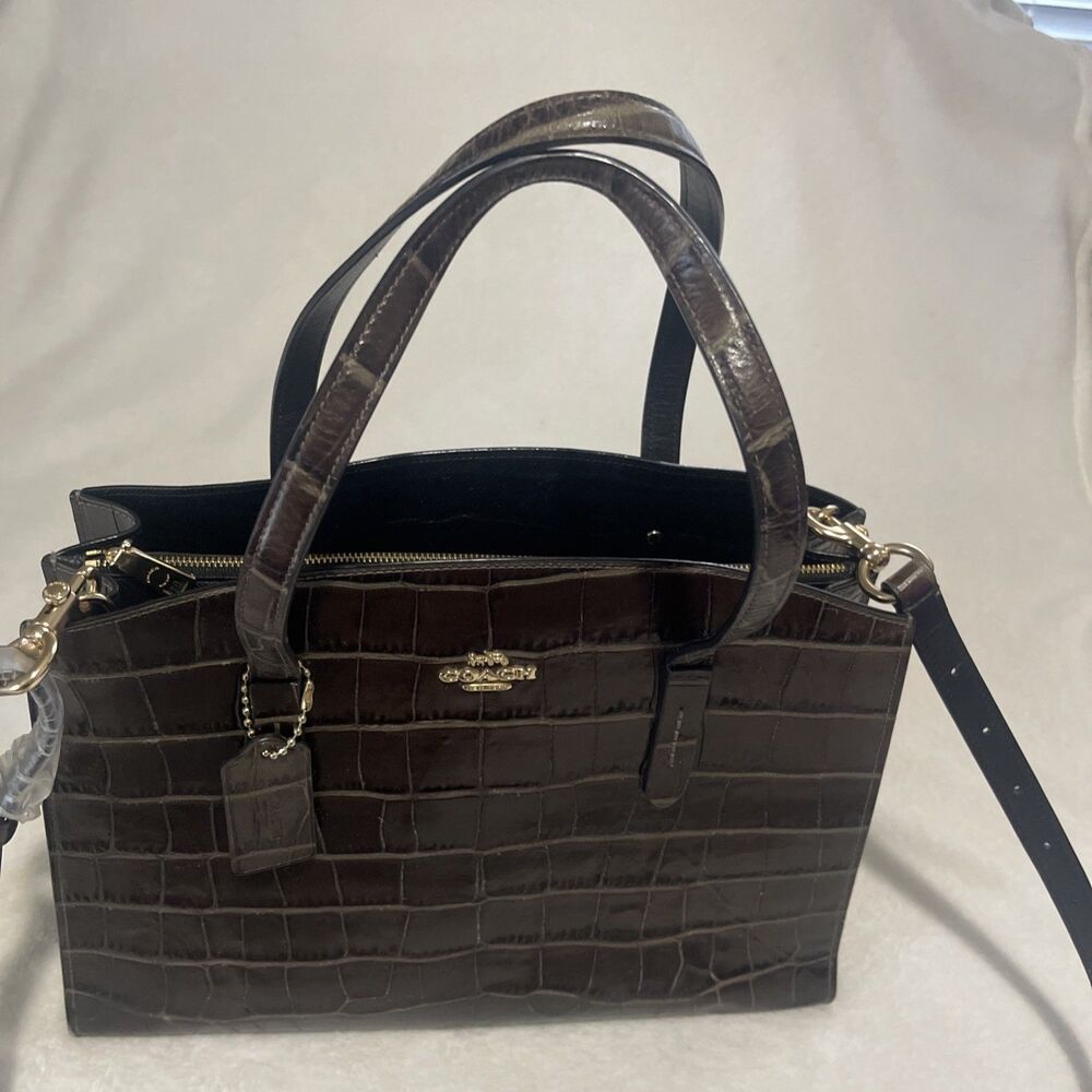 Brown COACH NINA CARRYALL LEATHER Crocodile Embossed LARGE TOTE Purse